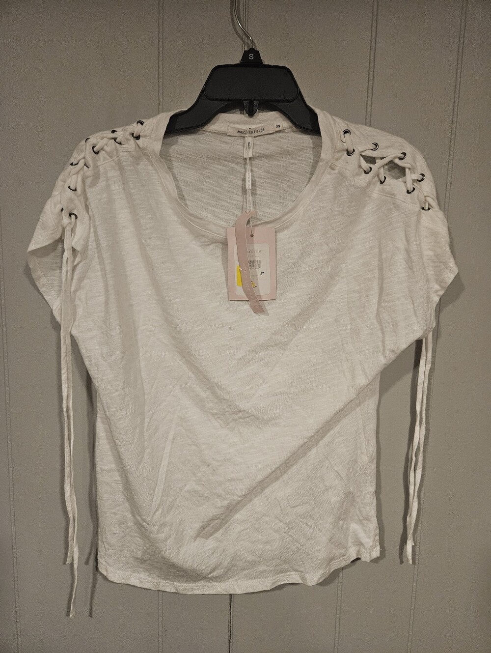 AVEC LES FILLES Women’s Sz XSmall White Lace Up Shoulder Peasant Blouse Top NWT